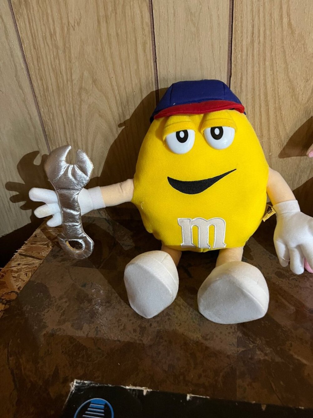 M&M Yellow Poseable Plush Character with Blue and Red Cap and Silver Wrench